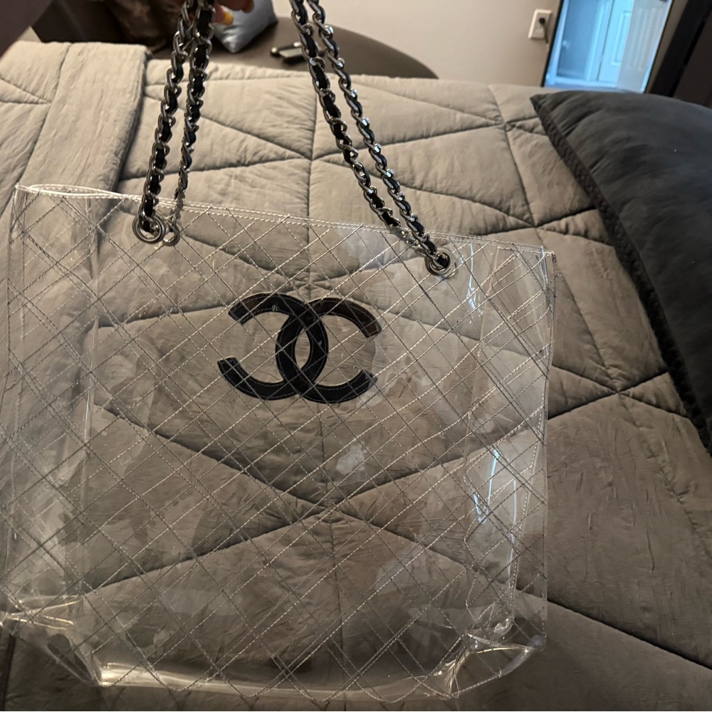 CHANEL Gray and Black Quilted Tote Bag with Chain Straps